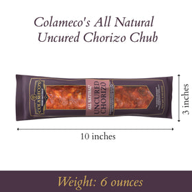 COLAMECO'S chorizo chub humane-raised pork on rustic board.