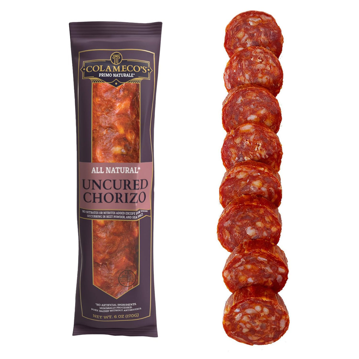 COLAMECO'S chorizo chub Italian-flavor close-up for antipasto platters.