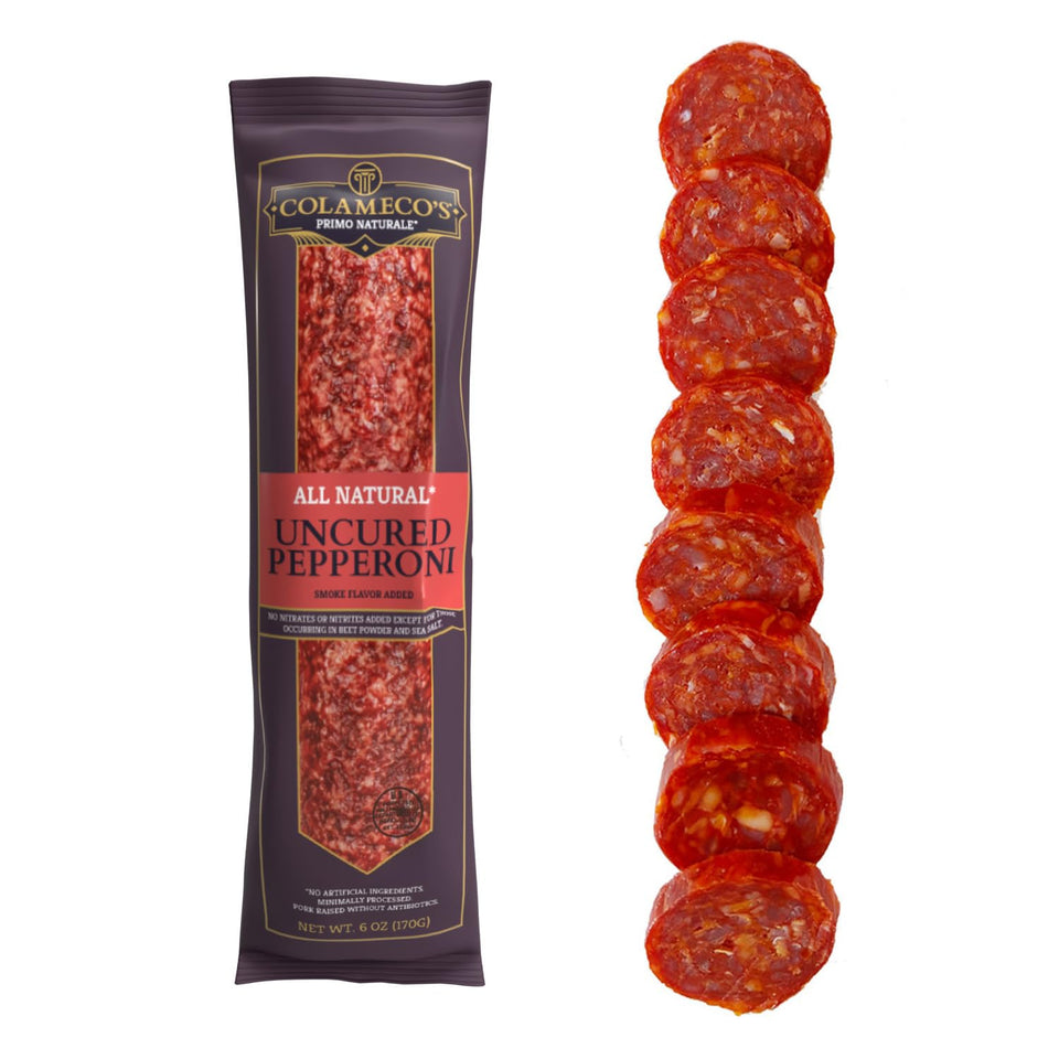 Colameco's uncured-salami-slices on a board highlight bold flavor for snacking.