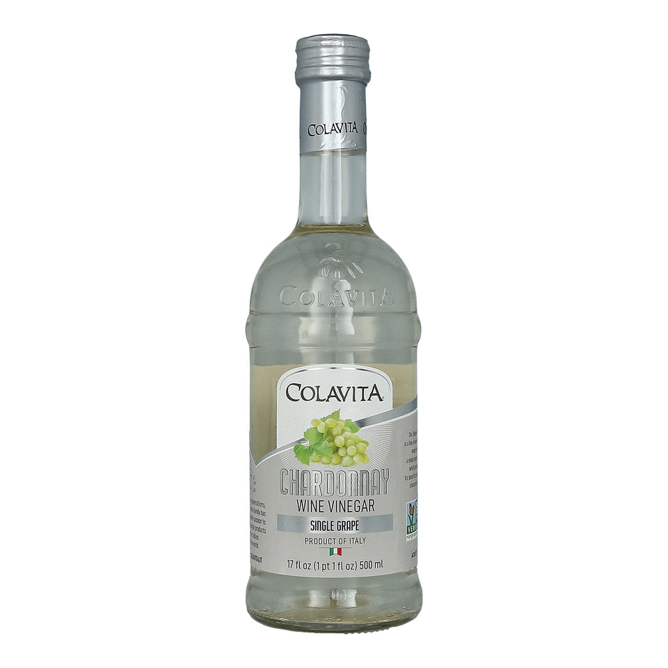 Colavita Chardonnay wine vinegar bottle, aged in wooden barrels, ideal for dressings, marinades, and sauces.