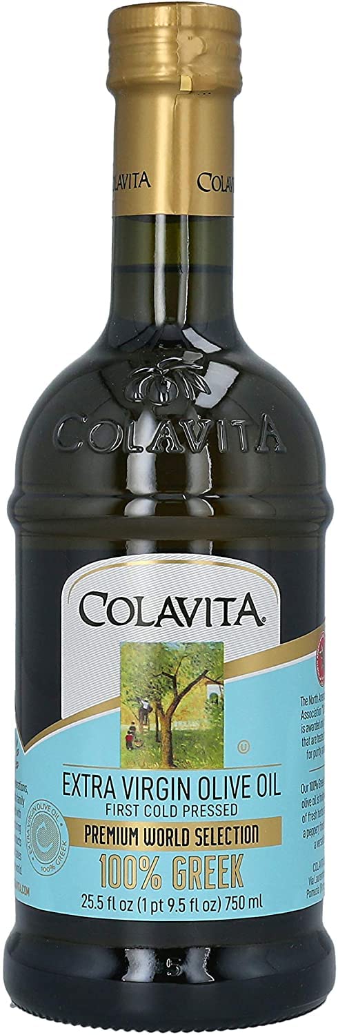 Colavita Greek extra virgin olive oil bottle for drizzling on salads and finishing dishes.