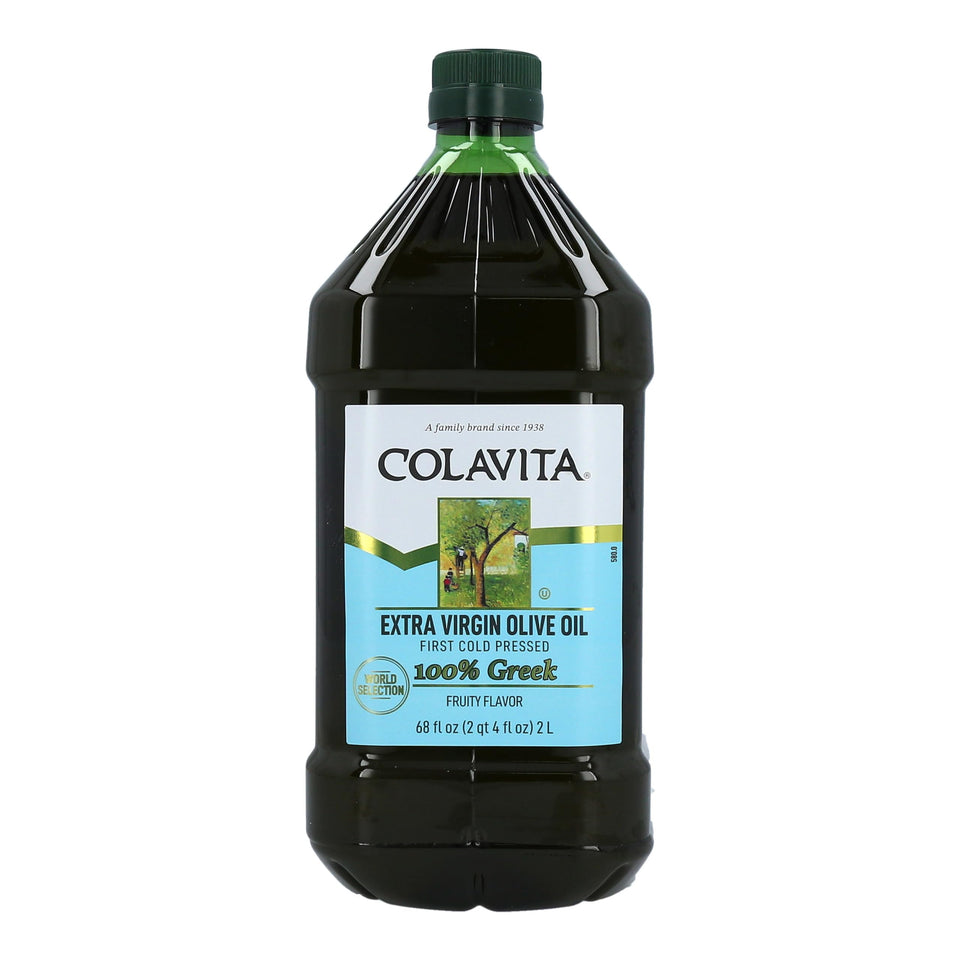 Colavita Greek olive oil bottle ready for drizzling on salads and vegetables.