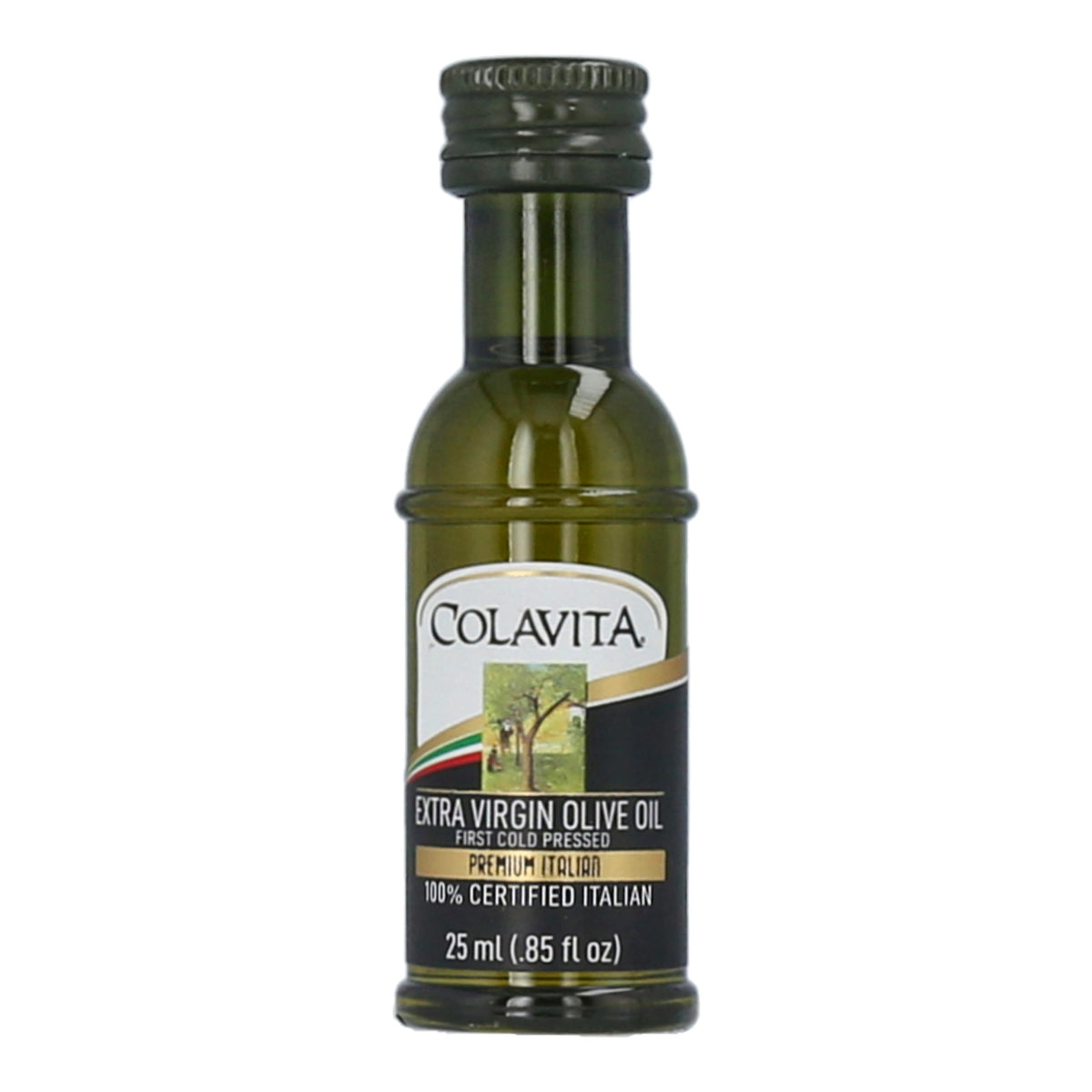 Colavita mini olive oil bottle close-up, ideal for travel cooking and tasting.