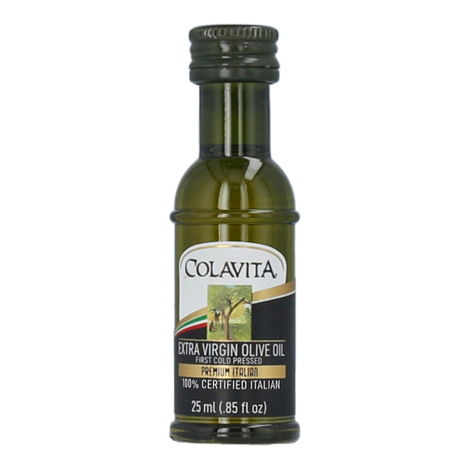 Colavita mini olive oil bottle close-up, ideal for travel cooking and tasting.