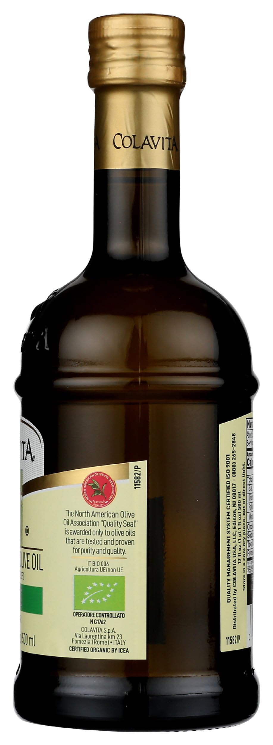 Close-up of the CERMET authenticity seal on Colavita EVOO bottle.