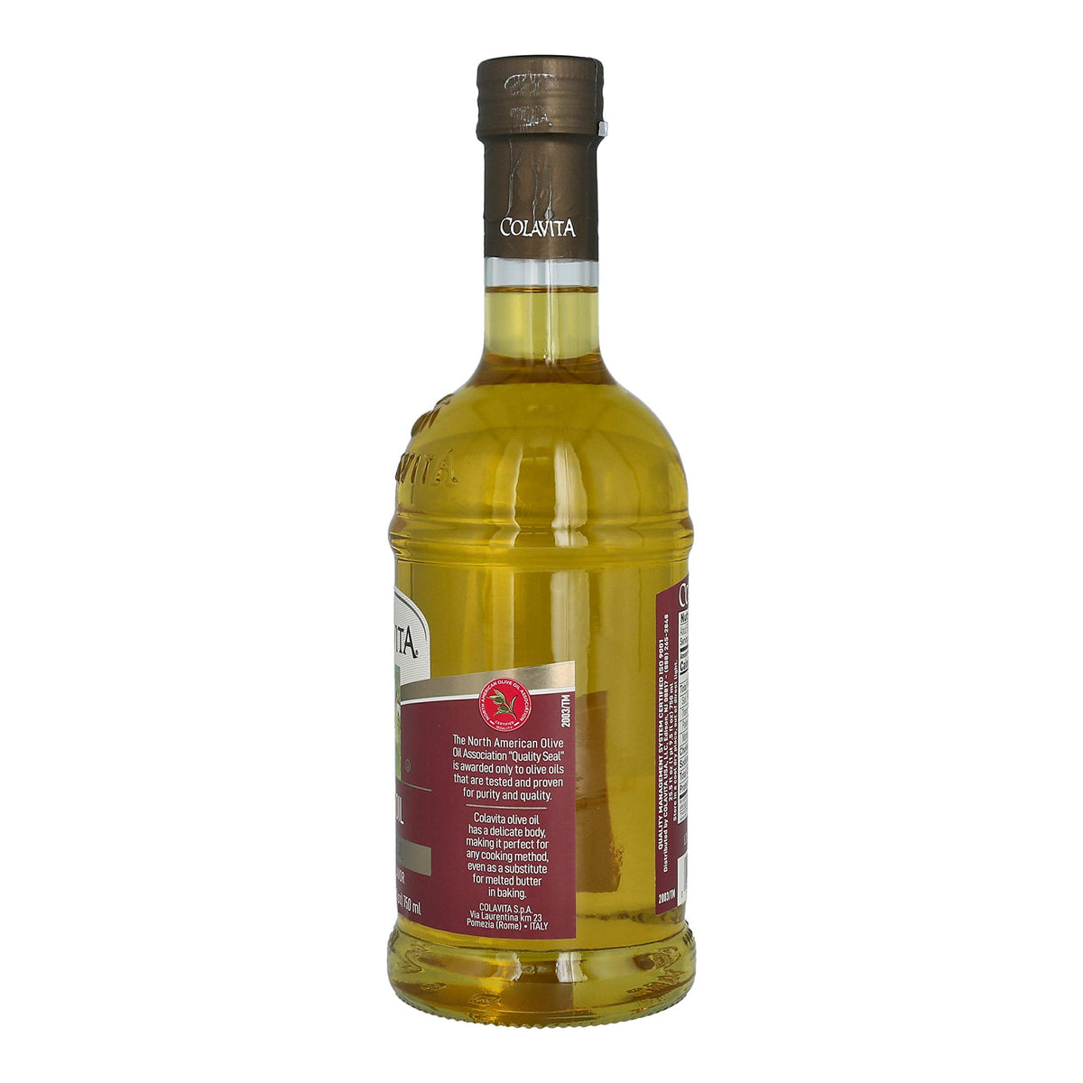 Colavita olive oil label closeup, showcasing light flavor suitable for delicate sauces.
