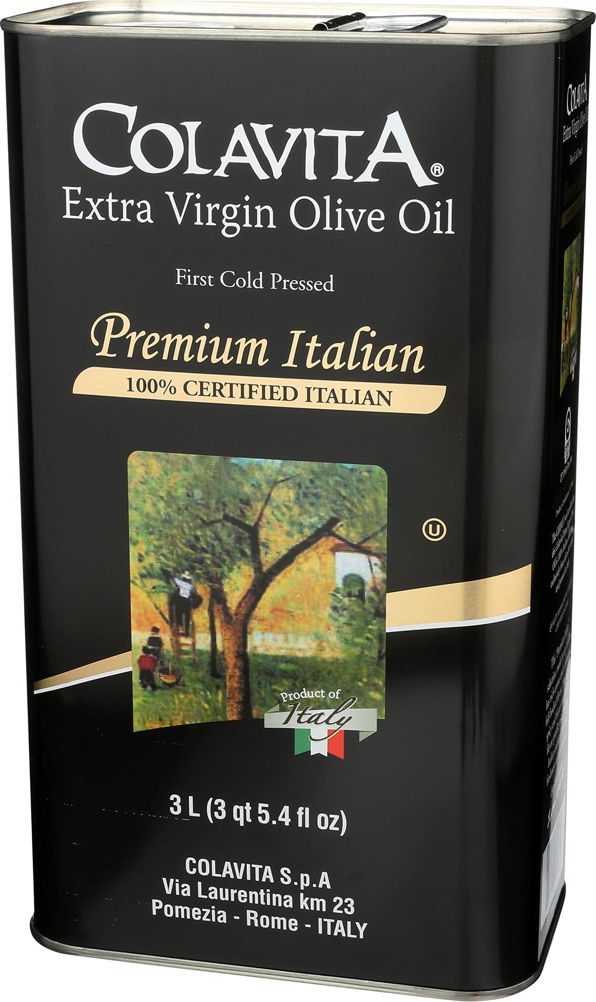 Colavita olive oil label close-up emphasizing authenticity and origin
