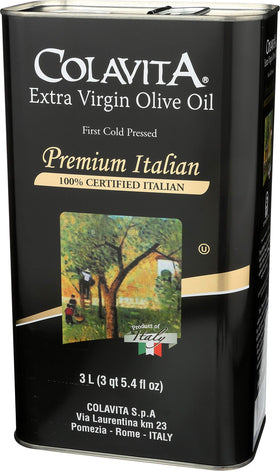 Colavita olive oil label close-up emphasizing authenticity and origin