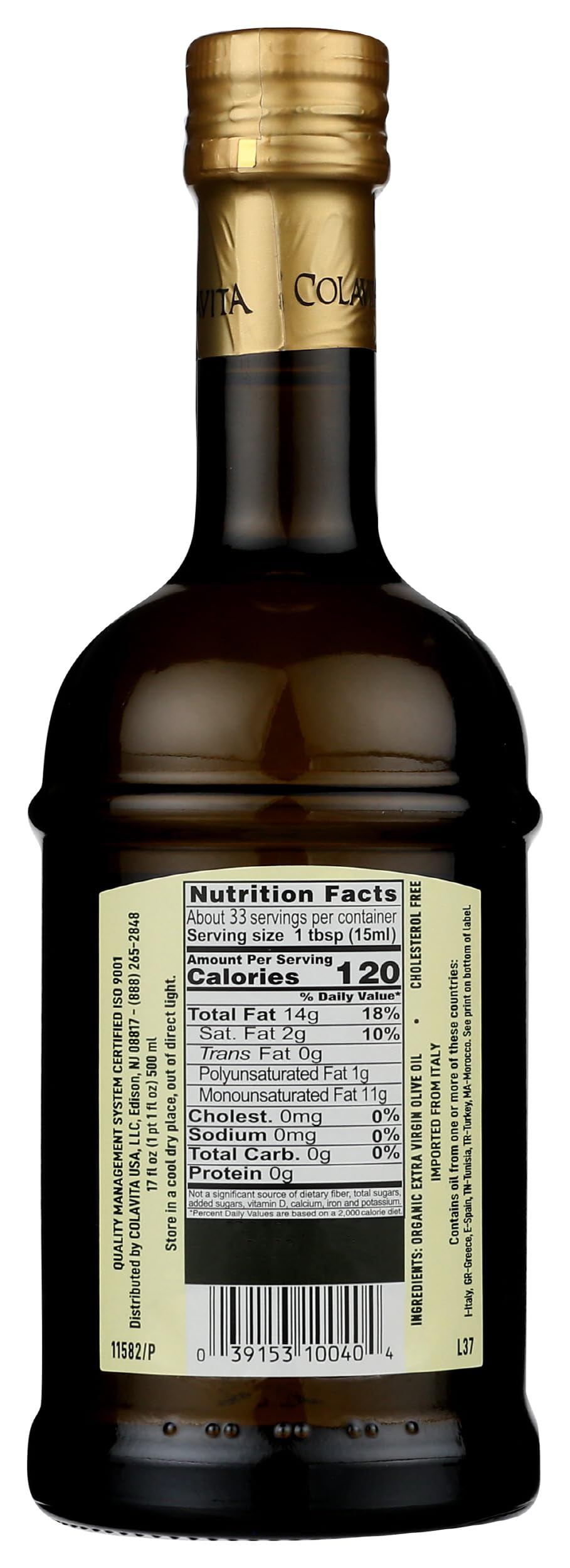Colavita olive oil label close-up shows USDA Organic and CERMET badges.