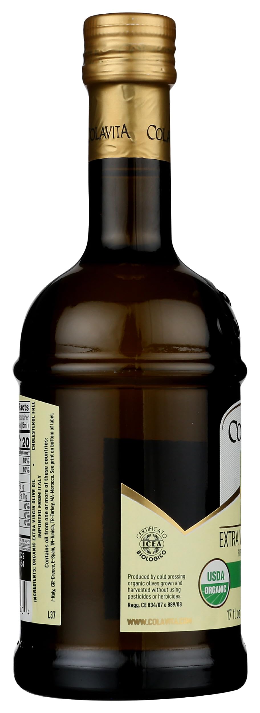 Close-up of the Colavita USDA Organic seal on the EVOO bottle.