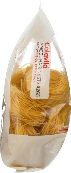 Colavita angel hair 2-pack dry pasta highlights long strands ideal for light sauces.