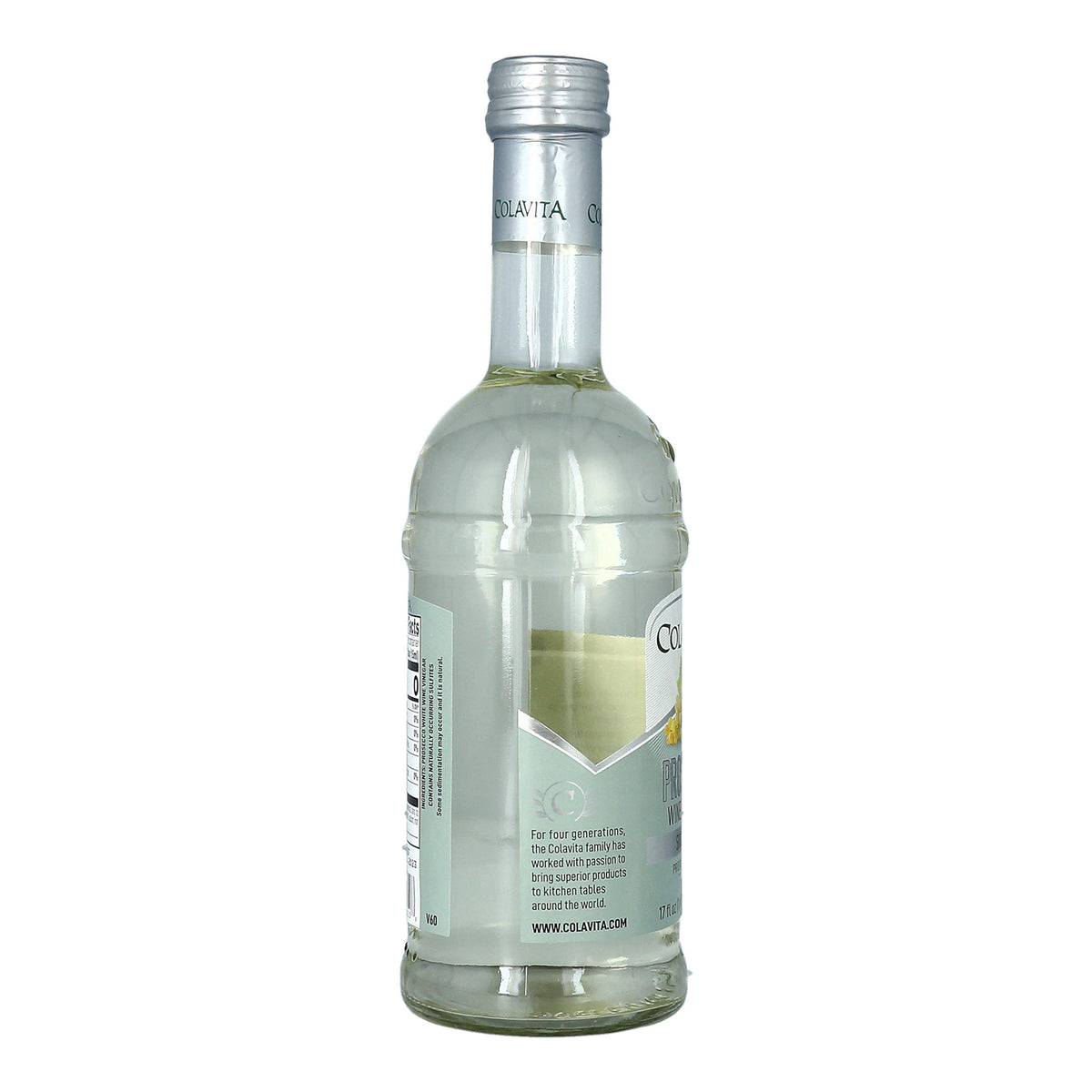 Colavita Prosecco White Wine Vinegar label close-up emphasizing Italian heritage.