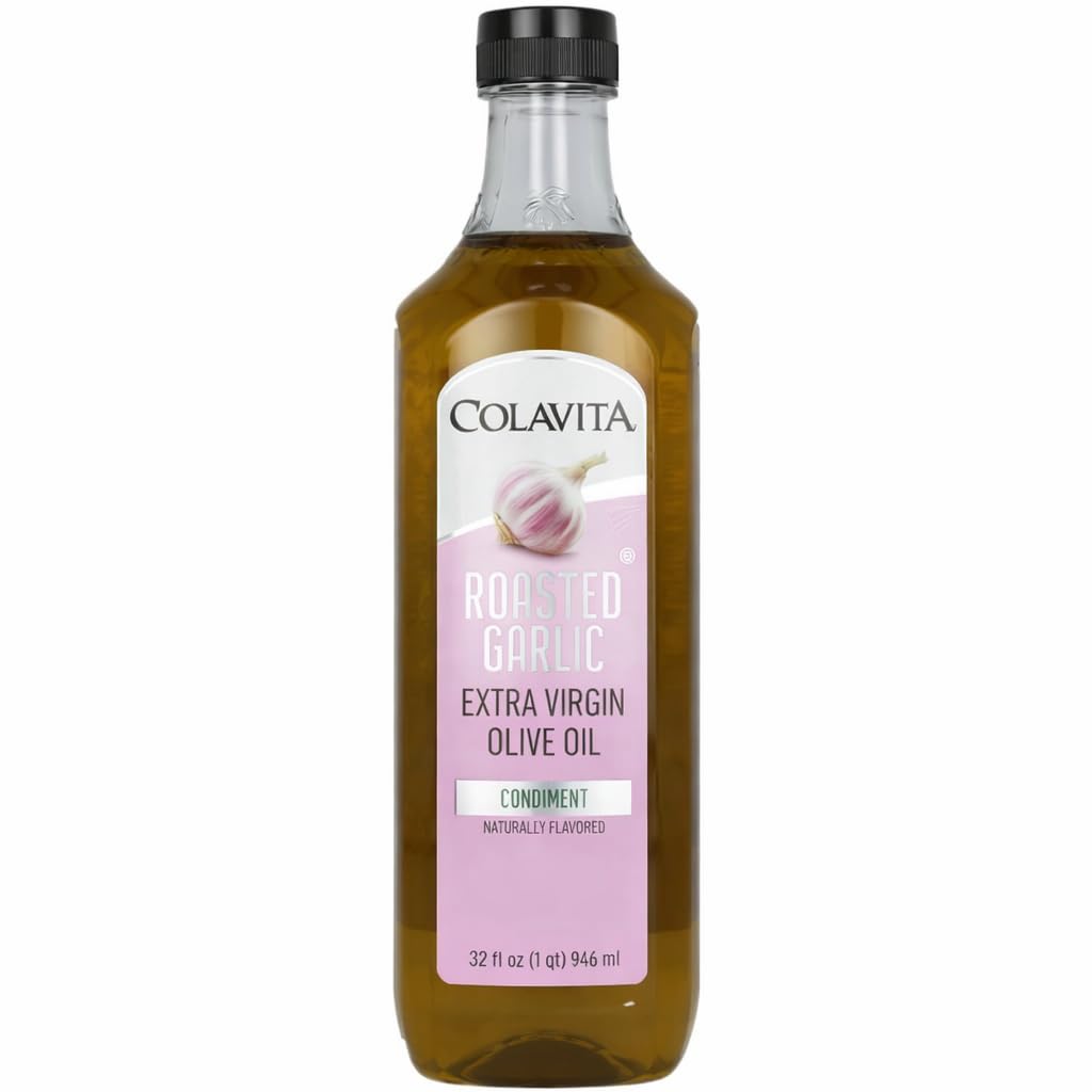 Colavita Roasted Garlic EVOO bottle on countertop, premium flavor for dressings and cooking.