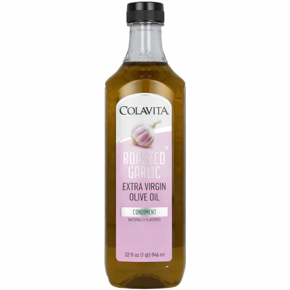 Colavita Roasted Garlic EVOO bottle on countertop, premium flavor for dressings and cooking.