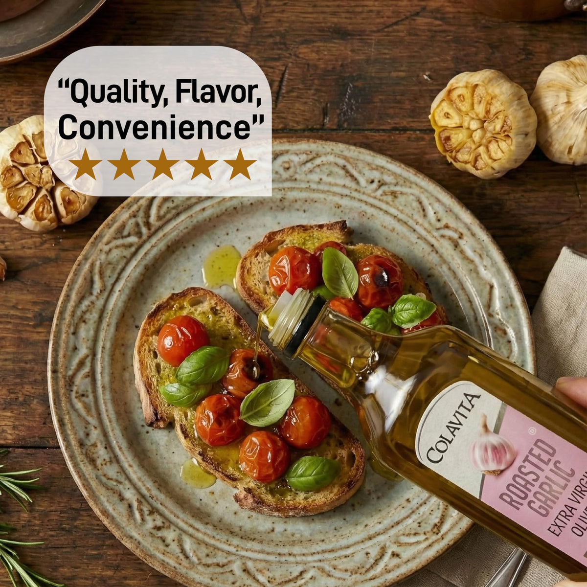 Colavita EVOO with roasted garlic finish adds depth to meals.