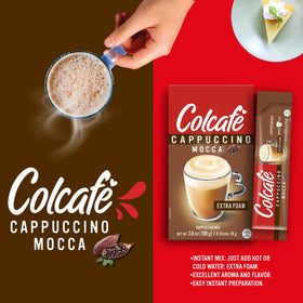 COLCAFE instant cappuccino box beside a mug for home indulgence.