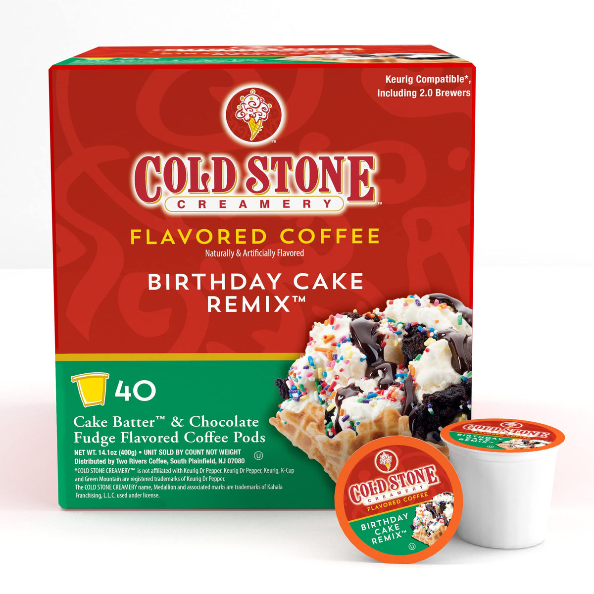 Cold Stone Beverages Birthday Cake Remix coffee pods for Keurig brew tasty, dessert-inspired cups.