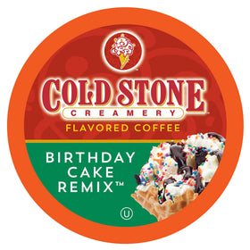 Cold Stone Beverages Birthday Cake Remix pack front shows a gift-ready assortment of coffee pods.