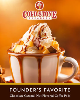 Cold Stone Beverages Keurig 2.0 compatible pods shown in a mug, easy home cafe.