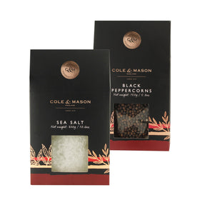 Cole & Mason pink salt refill for precise seasoning of meats and vegetables.
