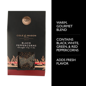Cole & Mason peppercorn refill box close-up showing aromatic pepper.
