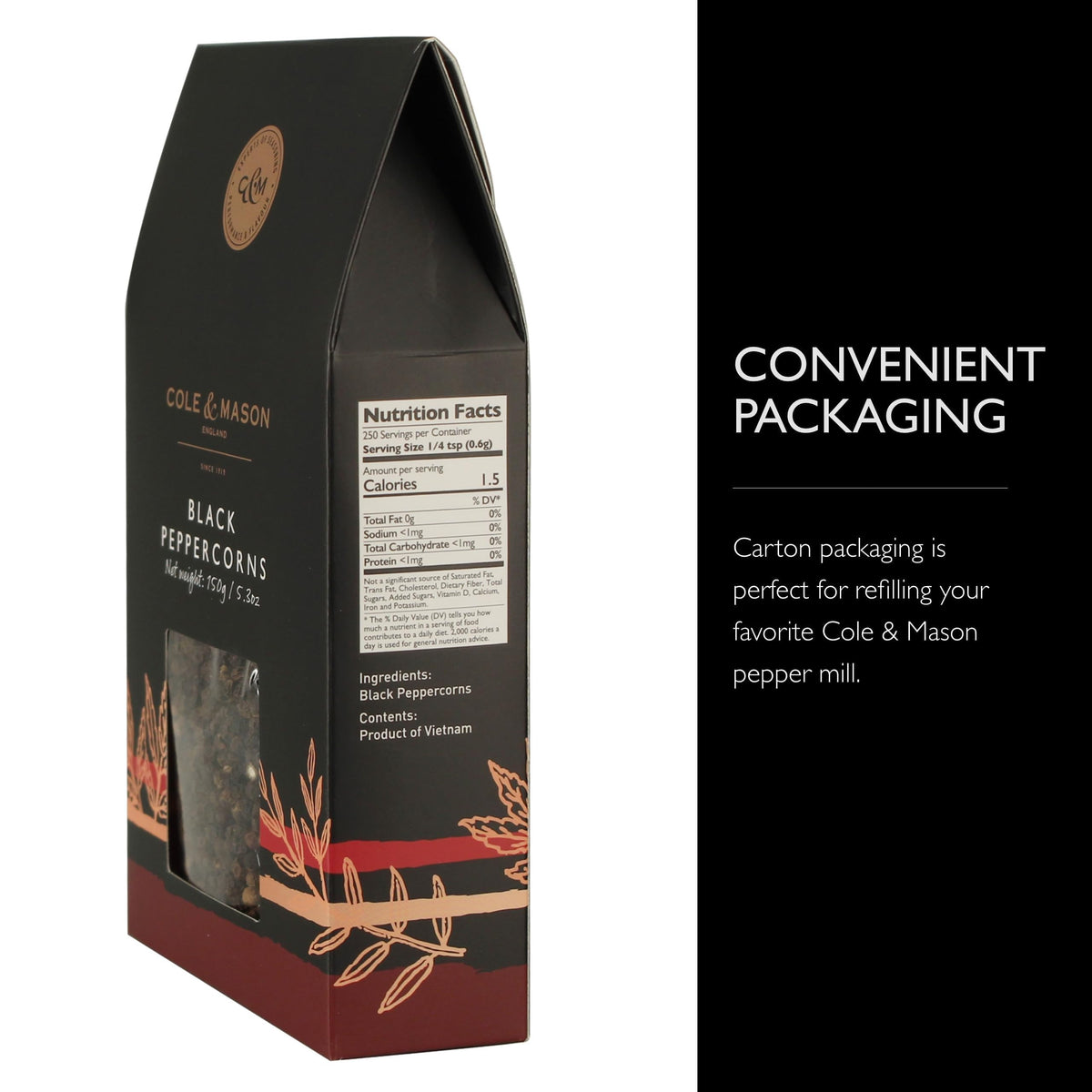 Cole & Mason salt refill box close-up on an elegant kitchen counter.