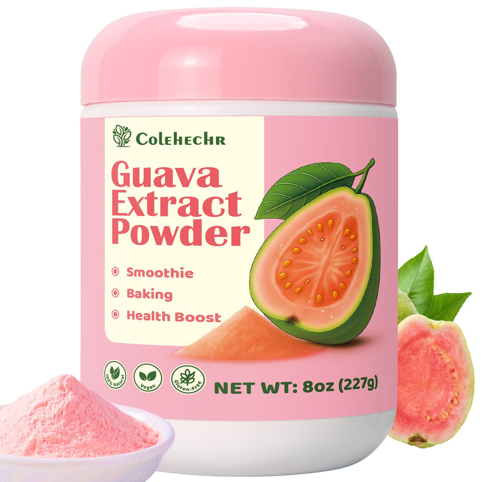 Colehechr guava pulp extract powder jar shows vibrant pink color ideal for baking