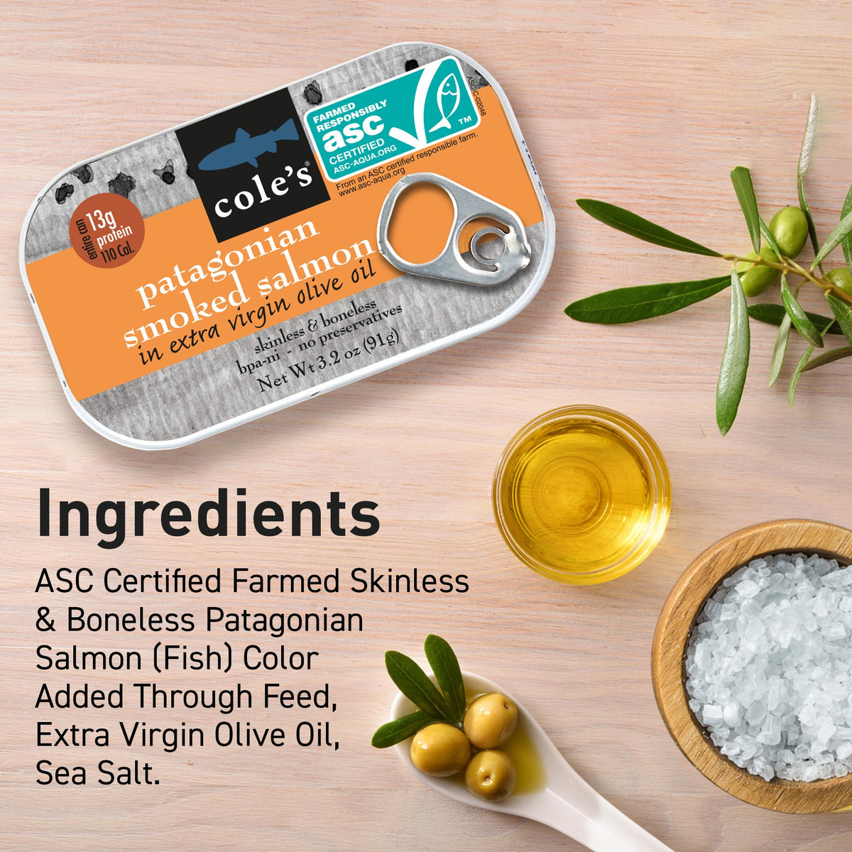 Cole's ASC-certified salmon label indicating sustainable sourcing.