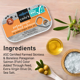 Cole's ASC-certified salmon label indicating sustainable sourcing.
