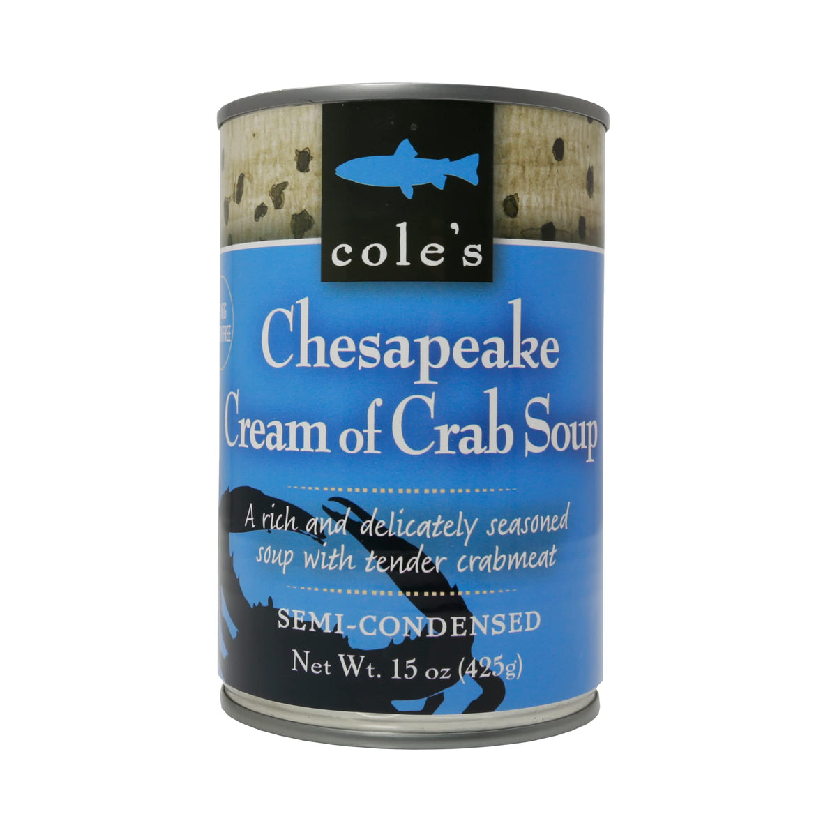 Cole's Chesapeake Cream of Crab Soup can label, highlighting premium crab meat.