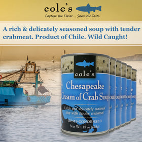 Cole's Chesapeake Cream of Crab Soup can tilted for convenient pantry use.