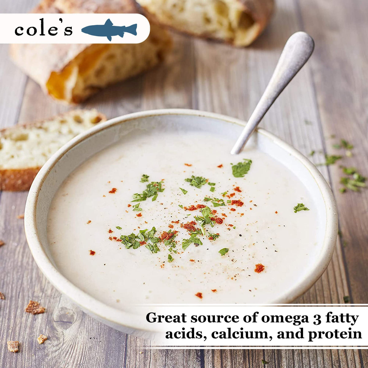 Close-up of creamy texture in Cole's soup for rich flavor potential.