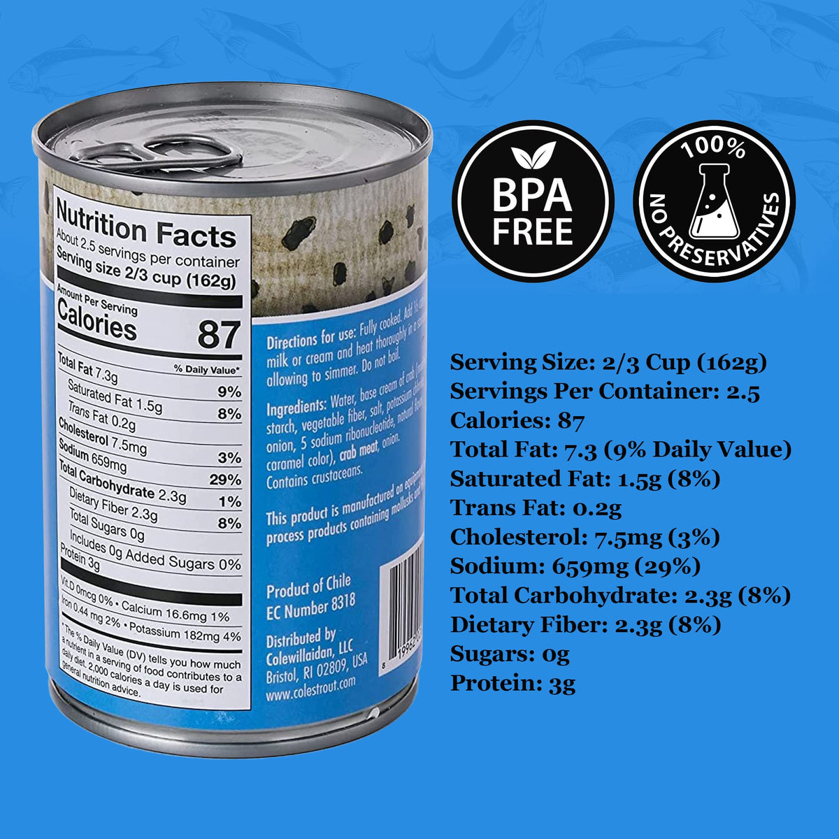 Cole's Chesapeake Cream of Crab Soup ingredients panel, gluten-free and non-GMO.</p>