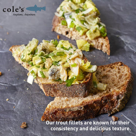 Cole's hand-packaged trout in olive oil can signals premium packaging.