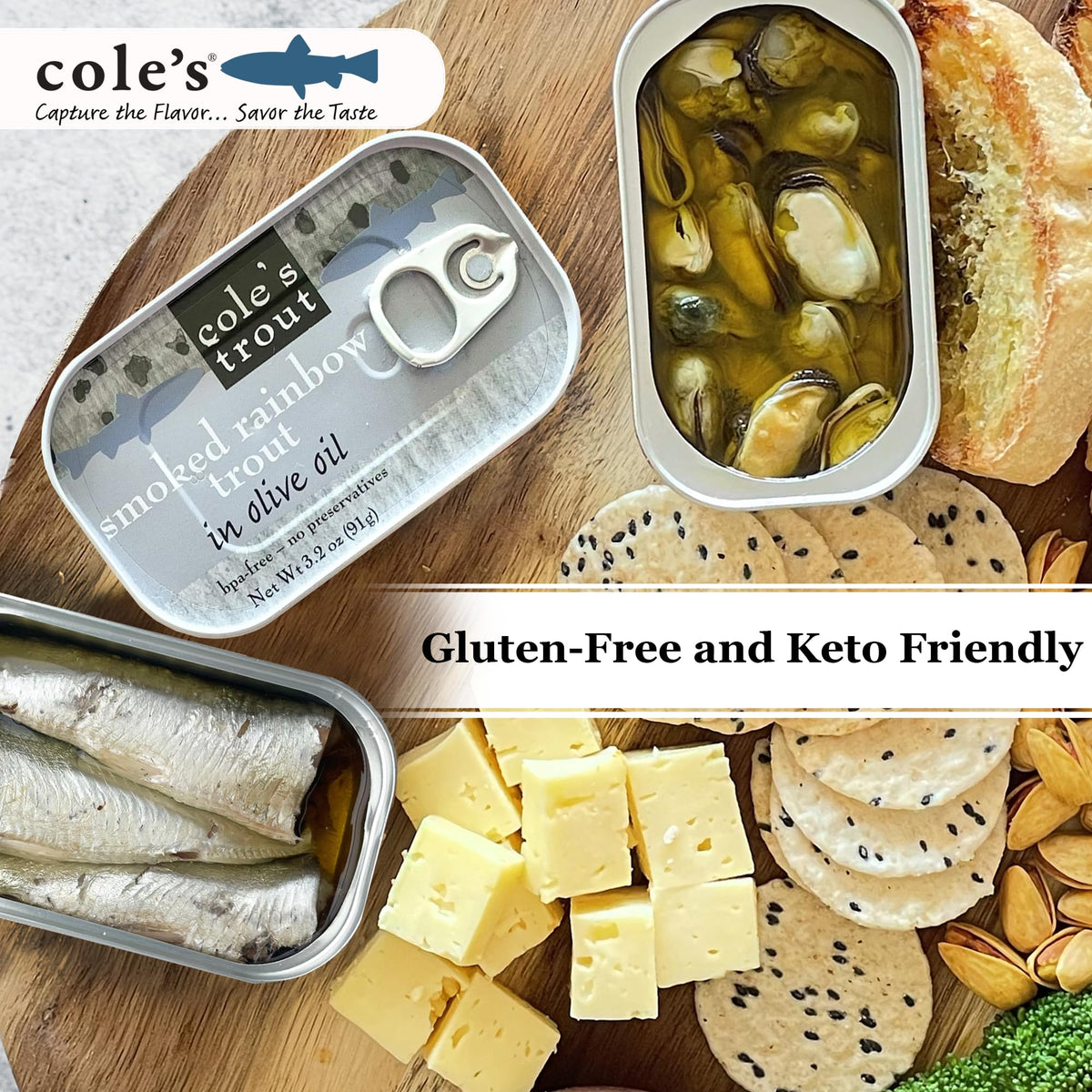 Cole's hand-packed smoked mussels tin on wood, gluten-free and protein-packed.