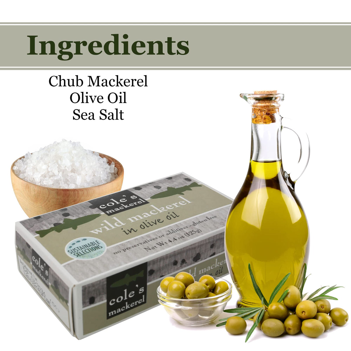 Cole's purse-seine caught mackerel in olive oil, sustainably sourced.
