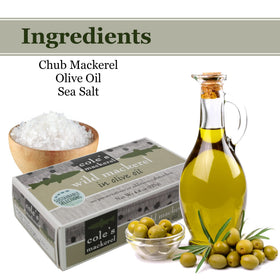 Cole's purse-seine caught mackerel in olive oil, sustainably sourced.