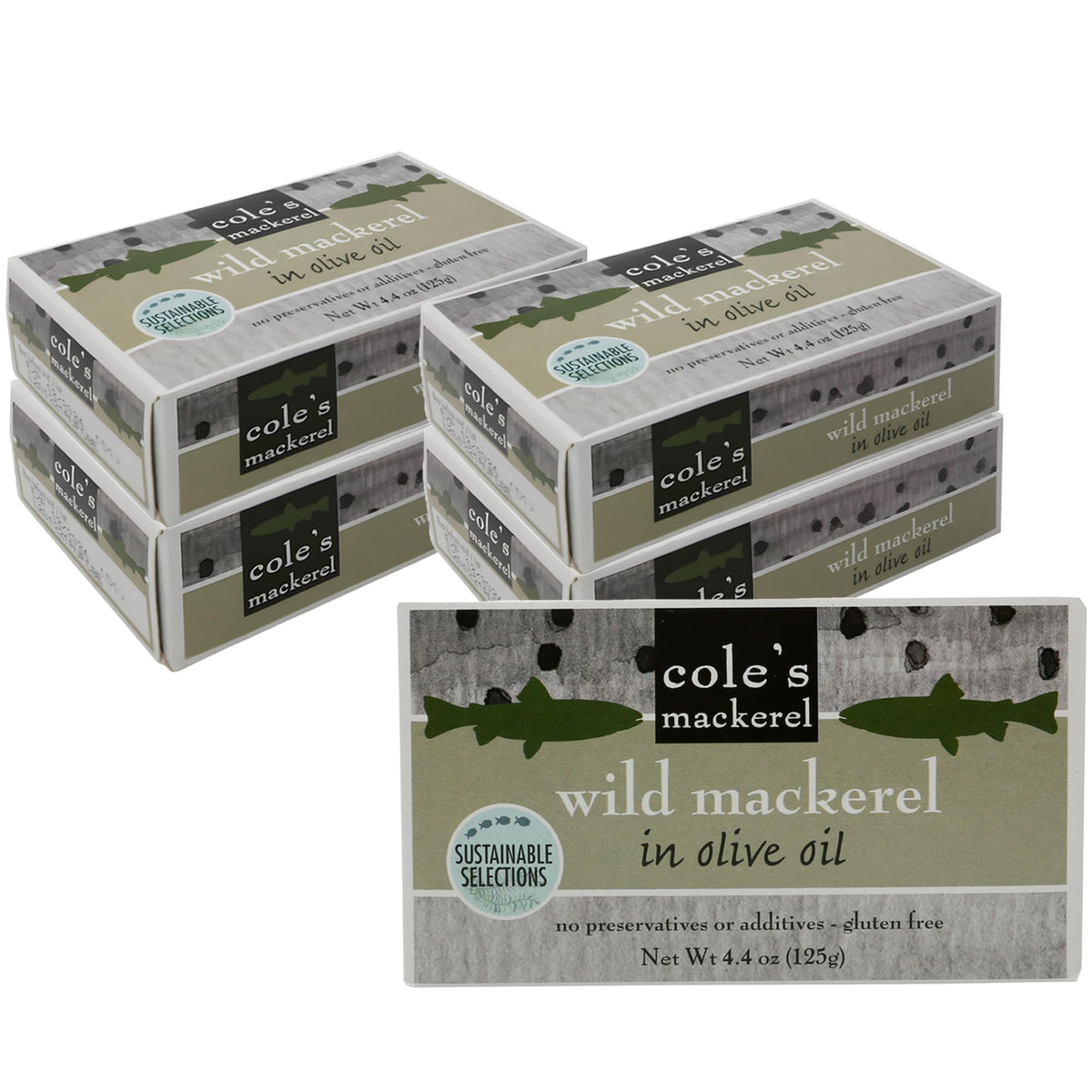 Cole's 5-pack wild mackerel in olive oil, ready-to-serve protein.