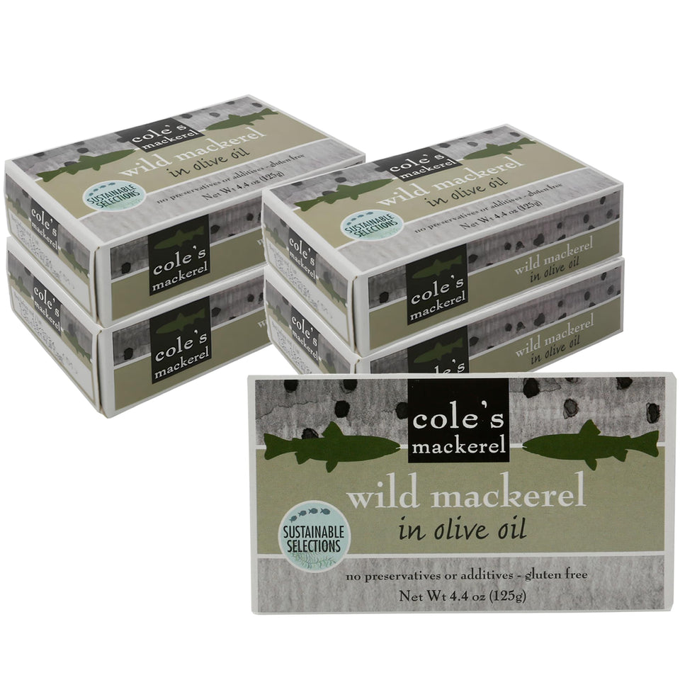 Cole's 5-pack wild mackerel in olive oil, ready-to-serve protein.