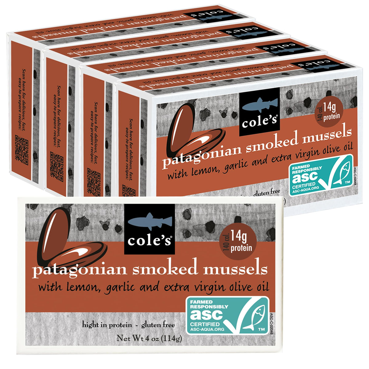 Cole's Patagonian smoked mussels lemon garlic olive oil, protein-rich and ready to eat.