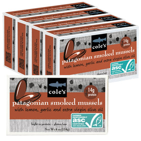 Cole's Patagonian smoked mussels lemon garlic olive oil, protein-rich and ready to eat.