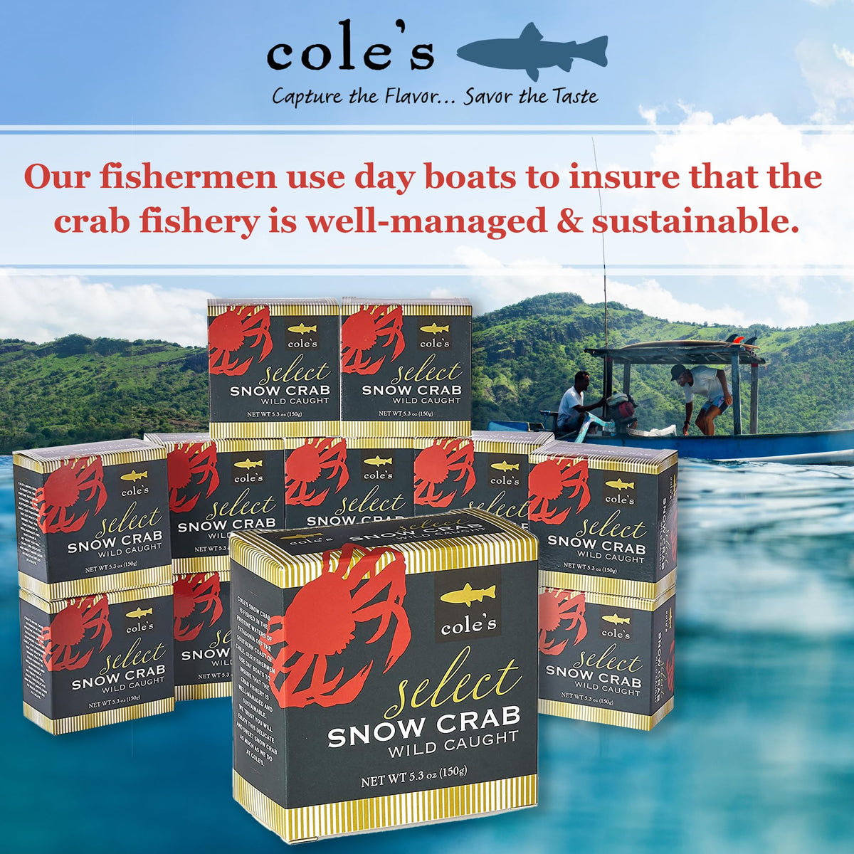 Cole's Snow Crab meat can close-up, ready to open and enjoy in seconds.