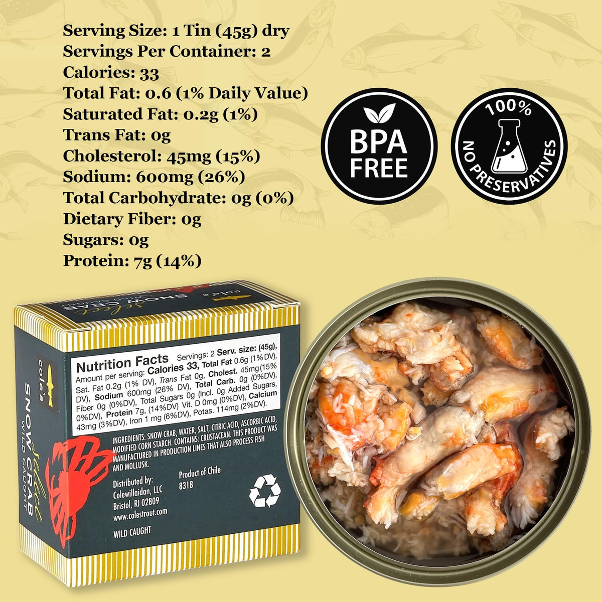 Cole's Snow Crab meat flakes close-up, showcasing delicate texture and sweet taste.