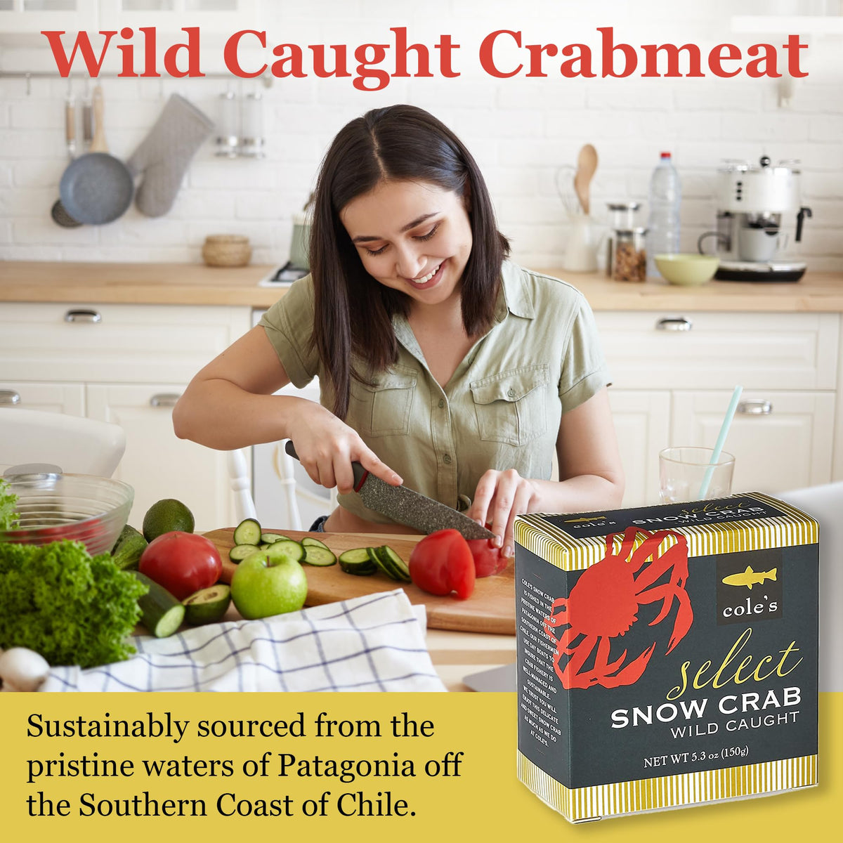 Cole's Snow Crab meat as a protein-forward option for meals.