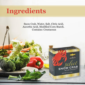 Cole's Snow Crab meat served on plate, pairs well with pasta or greens.