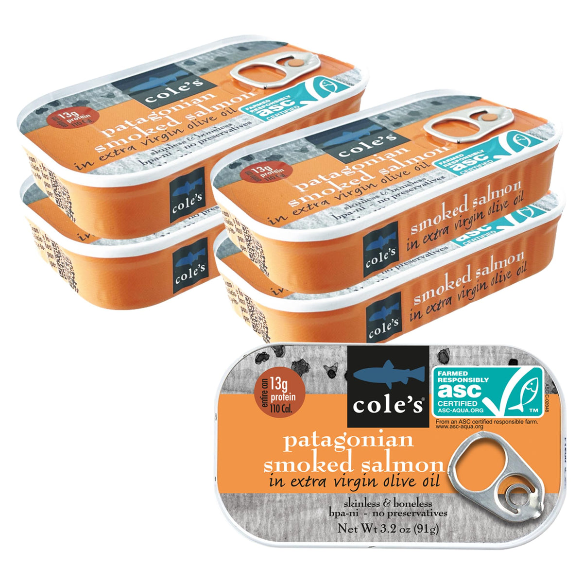 Cole's smoked salmon in olive oil can, protein-rich and ready to serve.