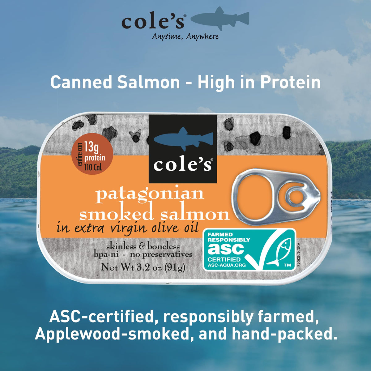Cole's olive oil pack image showing preservative-free salmon option.