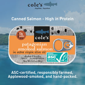 Cole's olive oil pack image showing preservative-free salmon option.