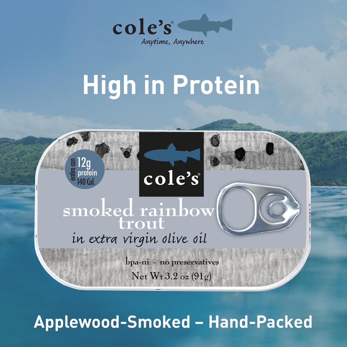 Cole's smoked trout can label closeup highlights high protein and vitamin D.