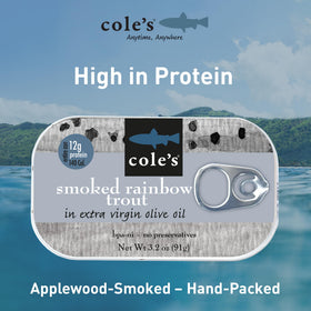 Cole's smoked trout can label closeup highlights high protein and vitamin D.